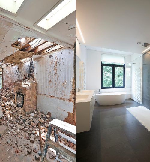 Renovation of a bathroom Before and after in horizontal format